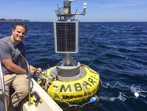 UC Davis graduate student Matthew Savoca deploys mesh bags of experimental plastic debris at a buoy in Monterey Bay, California. Credit: Courtesy Matthew Savoca/UC Davis