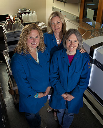 Researchers (left to right) Jenny Nelson, Alyson Mitchell, and Susan Ebeler in the Food Safety and Measurement Facility at UC Davis. (Tony Novelozo | AXIOM)