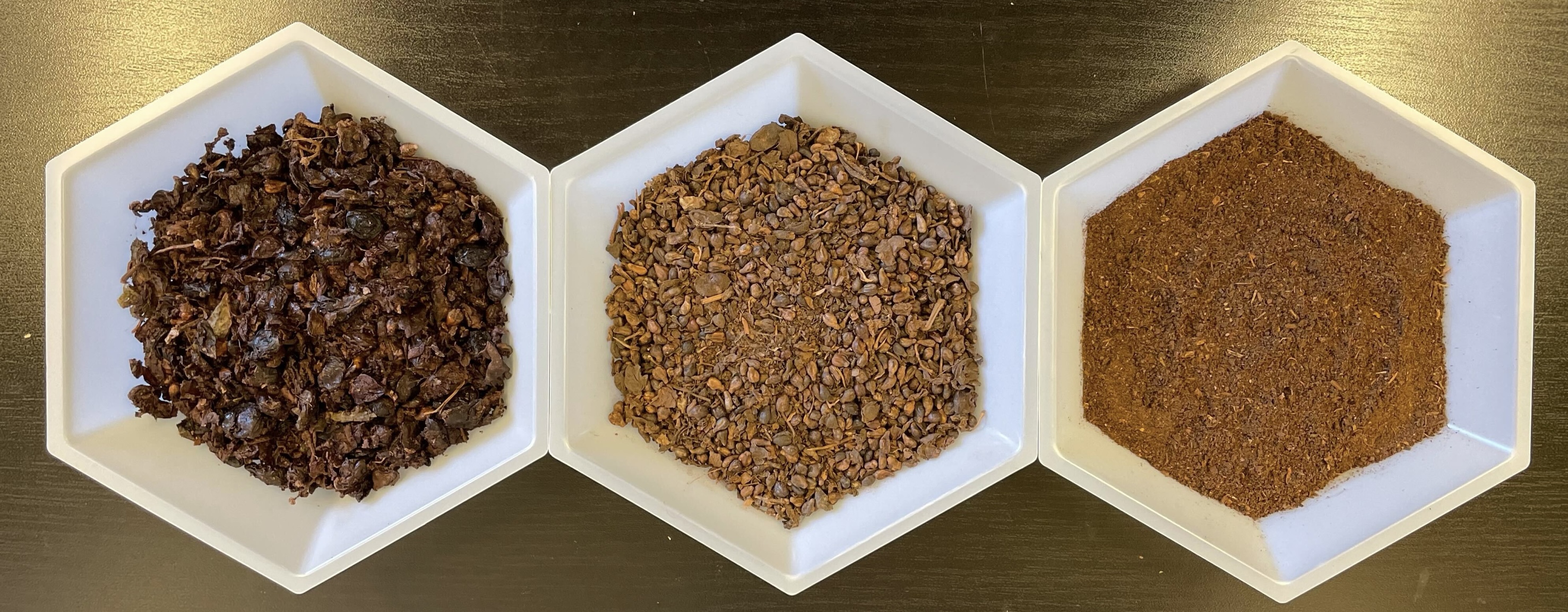 Wet, dry and dry and ground (left to right) grape pomace.  (Edwin Grey / UC Davis)