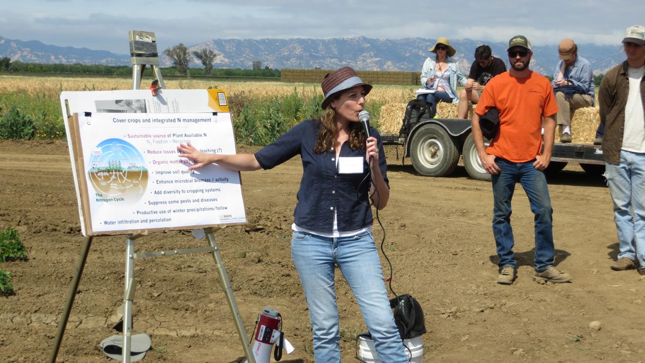 UC Davis agroecologist Amélie Gaudin talks about cover crops and nitrogen management at the Russell Ranch Field Day in May 2015. Ann Filmer/UC Davis