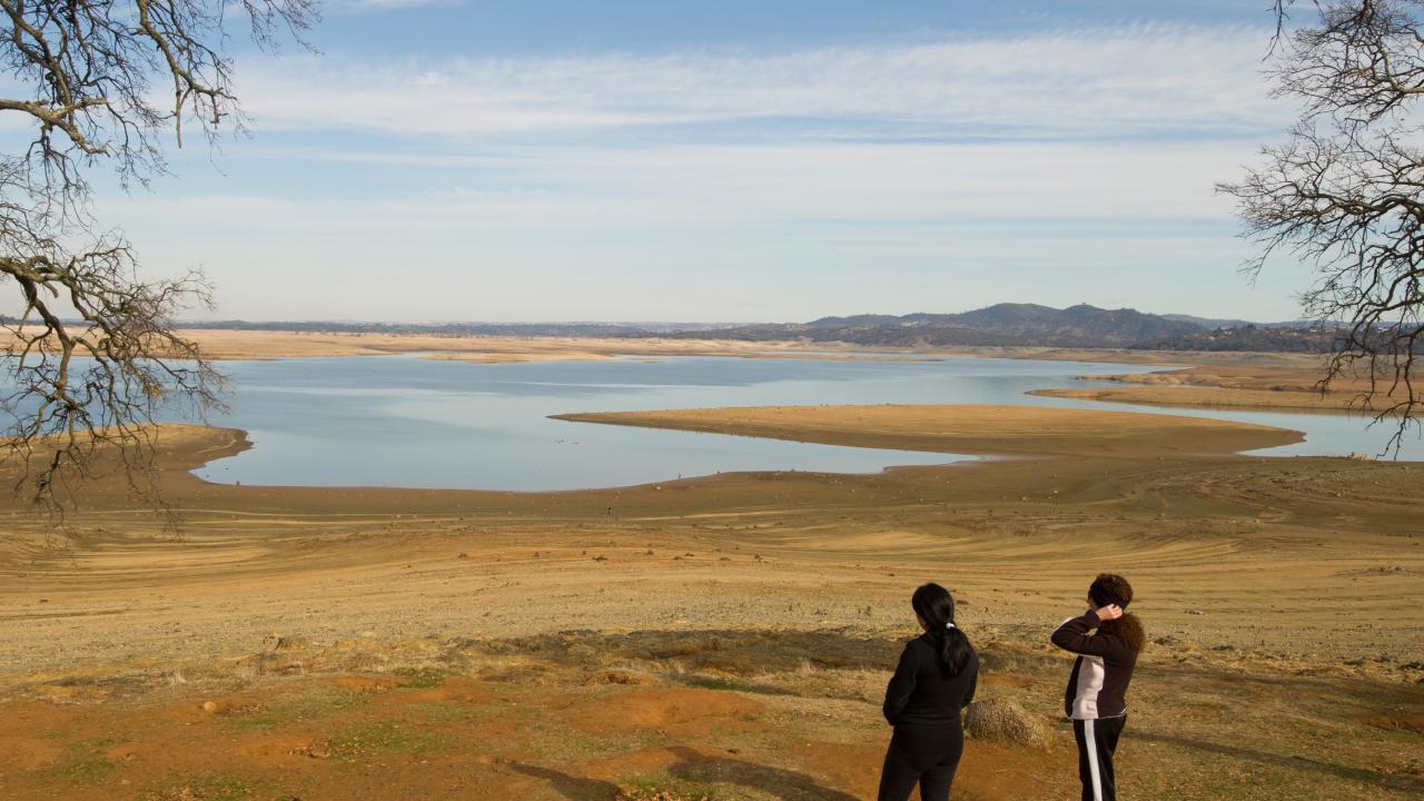 View of Folsom Lake and Mormon Island during a drought from Beal's Point in Granite Bay, California in February 2014. (Photo Credit: Karin Higgins/UC Davis)