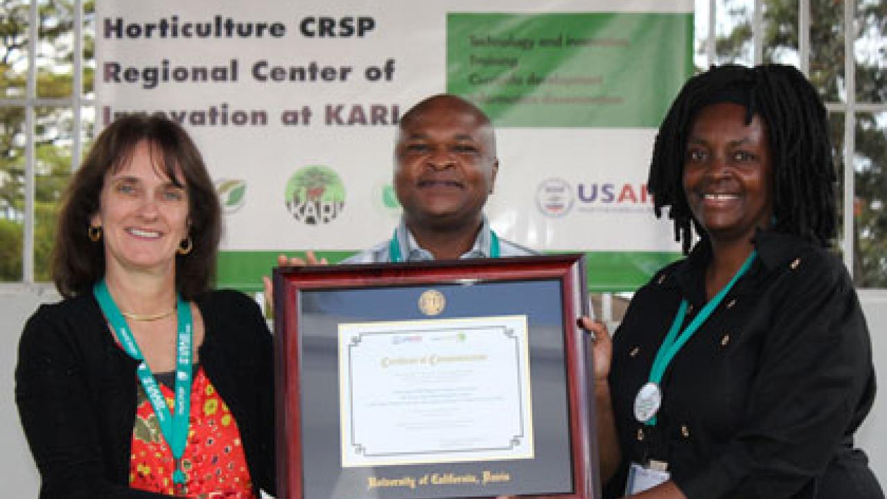 Elizabeth Mitcham, Stephen Mbithi, and Lusike Wasilwa officially launched the Horticulture CRSP Regional Center of Innovation with KARI at the FPEAK Practical Training Center in May 2013.