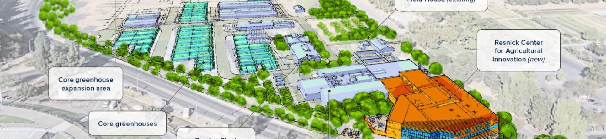 An artistic rendering of the 40,000-square-foot Lynda and Stewart Resnick Center for Agricultural Innovation and its approximate location off Hutchison Drive in Davis. (UC Davis)